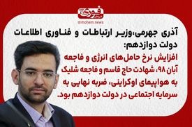 آذری جهرمی، وزیر ارتباطات و فناوری اطلاعات دولت دوازدهم: افزایش نرخ حامل‌های انرژی و فاجعه آبان ۹۸، شهادت حاج قاسم و فاجعه شلیک به هواپیمای اوکراینی، ضربه نهایی به سرمایه اجتماعی در دولت دوازدهم بود.