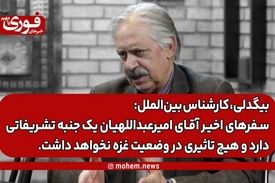 بیگدلی، کارشناس بین‌الملل: سفرهای اخیر آقای امیرعبداللهیان یک جنبه تشریفاتی دارد و هیچ تاثیری در وضعیت غزه نخواهد داشت.