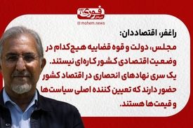 راغفر، اقتصاددان: مجلس، دولت و قوه قضاییه هیچ‌کدام در وضعیت اقتصادی کشور کاره‌ای نیستند./ یک سری نهادهای انحصاری در اقتصاد کشور حضور دارند که تعیین کننده اصلی سیاست‌ها و قیمت‌ها هستند.